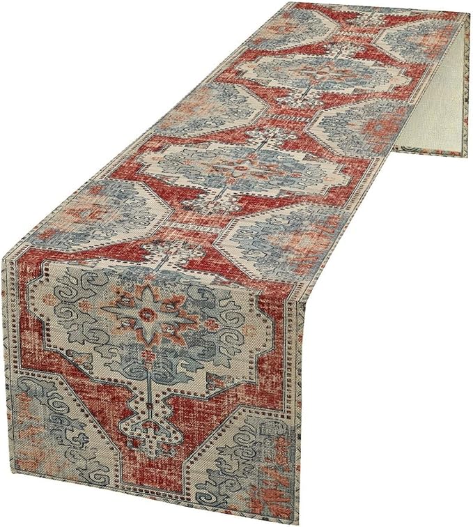 Boho Floral Vintage Table Runner, Retro Blue Red Flower Rustic Country Farmhouse Abstract Pattern for Home Kitchen Table Decor Dining Coffee Room Party Decor 13x60in