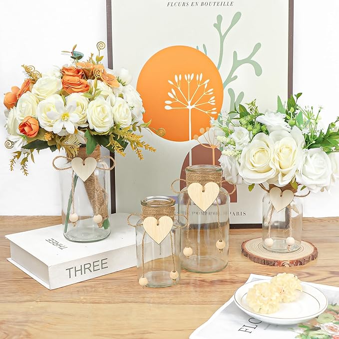 Vintage Glass Vases for Flowers, Set of 6 Mason Jar Vase Table Centerpieces for Farmhouse Room Decor, Wedding, Bridal Shower Bud Vase Set (Medium)