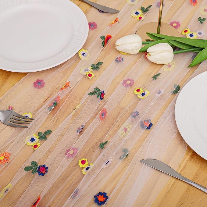BINBE 12pcs Daisy Fall Table Runner Embroidery Gauze 10FT Florals Seasonal Tulle Holiday Birthday Kitchen Dining Table Decor for Home Party Ivory