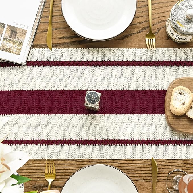 Artoid Mode Red Farmhouse Woven Rustic Table Runner, Seasonal Holiday Hollow Kitchen Dining Table Decoration for Home Party Decor 12x72 Inch