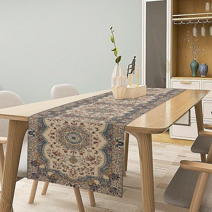 Boho Bohemia Style Table Runner, Vintage Blue Teal Gold Retro Flower Rustic Country Style Floral Print Pattern for Home Kitchen Table Decor Dining Coffee Room Garden Party Decor 13x108in