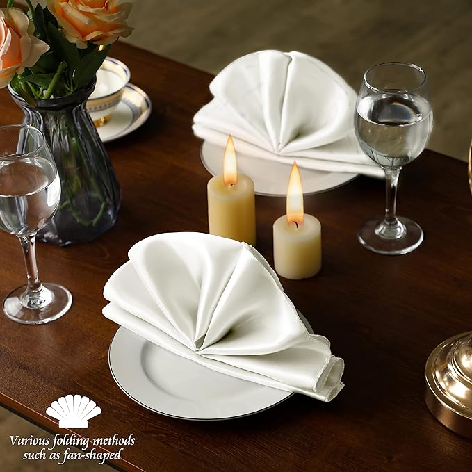 Manyshofu 50 Pieces Ivory White Satin Napkins - 12x12 Inches Cloth Napkins, Square Satin Fabric Napkin Set - Elegant & Reusable Table Napkins for Wedding Dinner Party Lunch Banquet Decoration