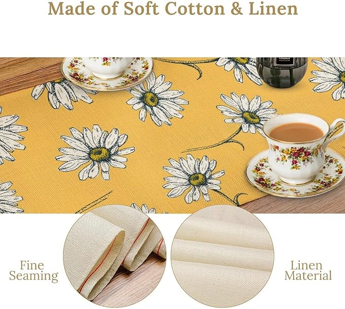 Daisy Table Runner, Spring Floral Seasonal Summer Yellow Flower Rustic Farmhouse Table Center Decor for Home Kitchen Dining Patio Holiday Party Indoor Outdoor Table Decorations, 13"x36" Inch