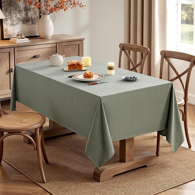 MIULEE Olive Green Linen Cottton Table Cloth Rectangle Tablecloth Waterproof Spillproof Cross-Star Textured Table Cltoth Decorative Farmhouse Style for Dining Party Weddings 52x70 Inch