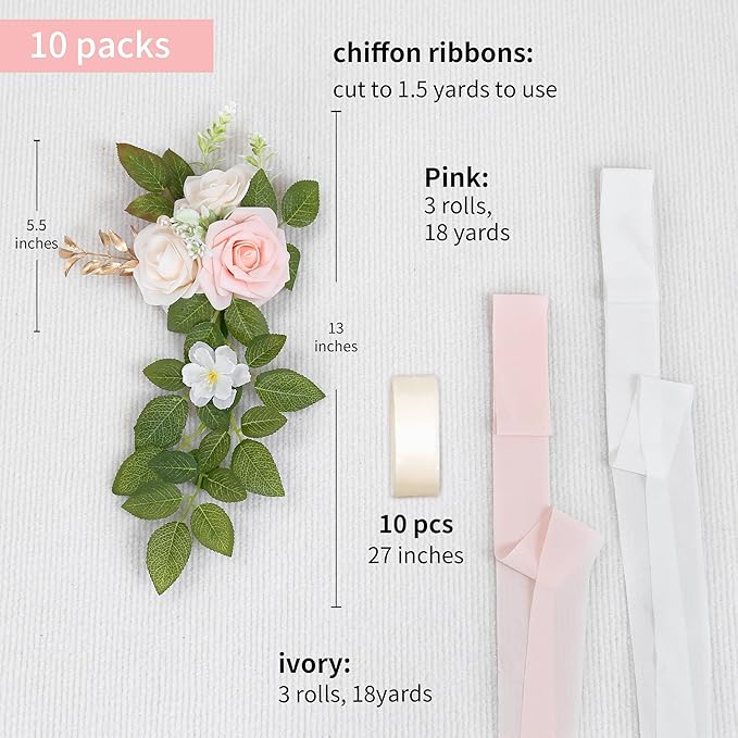 Artificial Pink Rose Wedding Aisle Flowers, 10 Pieces with Chiffon Ribbon