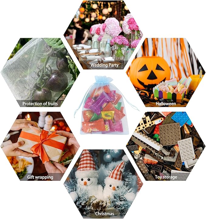Wudygirl 100PCS Sheer Organza Bags - 5x7 Inch Drawstring Jewelry & Candy Favor Bags for Wedding Party (Sky Blue)