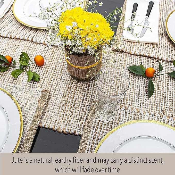 Chardin home Natural Jute Table Runner 13x36 Inch – Vintage Boho Rustic Table Decor – Handwoven Table Runner in Natural Jute and Ivory – Farmhouse Dining or Console Table Accent