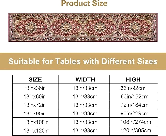 Vintage Boho Floral Table Runner, Rustic Country Farmhouse Red Gold Bohemia Flower Pattern for Home Kitchen Table Decor Dining Coffee Room Party Decor 13x60in