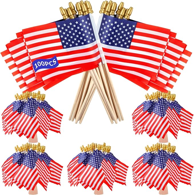 100pcs Small American Flags on Stick, Handheld 4 x 6 Inchs Mini American Flags with Kid-Safe Golden Spear Top, US Flags for 4th of July Decorations Outdoor, Independence Day Decorations
