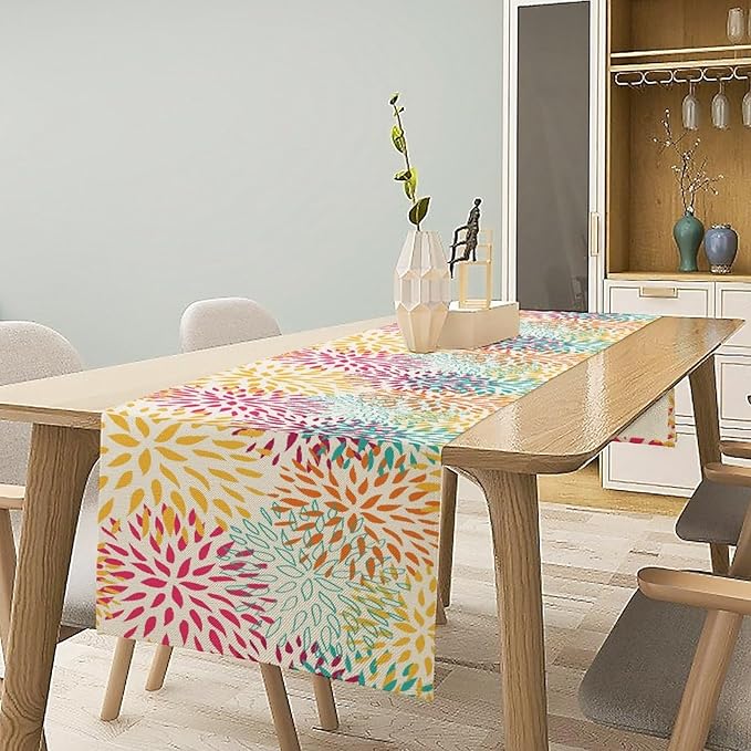 Abstract Flowers Table Runner, Chrysanthemum Dahlia Vintage Modern Colorful Spring Summer Elegant Table Runner for Party Kitchen Dining Living Room Laundry Room Decor, 13x120 Inch