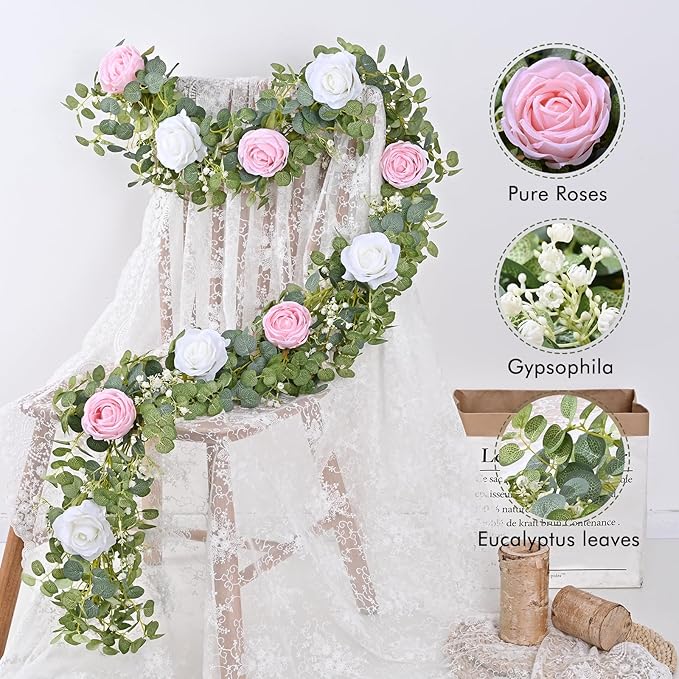 Waipfaru 6.07FT Artificial Eucalyptus Garland with Flowers, Fake Rose Gypsophila Floral Garland, Floral Vines for Wedding Table Backdrop Party Centerpiece Room Decor