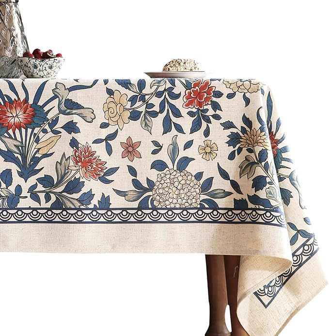 patdrea Designer Blue Tablecloth for Rectangle Table,Vintage Linen with Leaves and Floral Pattern Long Table Cloth,Farmhouse Decor Cover for Kitchen Dining Christmas,Thanksgiving,63"x94"-Ivar a