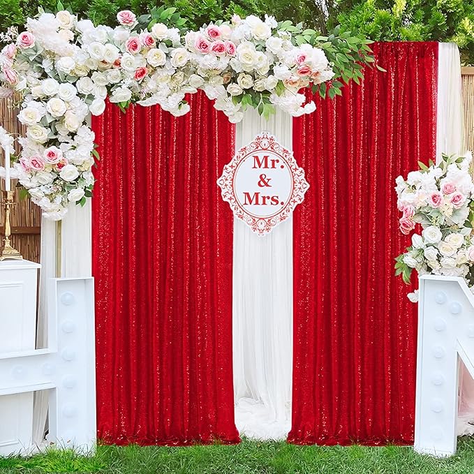 JYFLZQ Red Sequin Backdrop Curtains 6ft x 8ft 1 Panel Glitter Photo Booth Backdrops Sparkly Photography Background Drapes for Parties Wedding Bridal Showers
