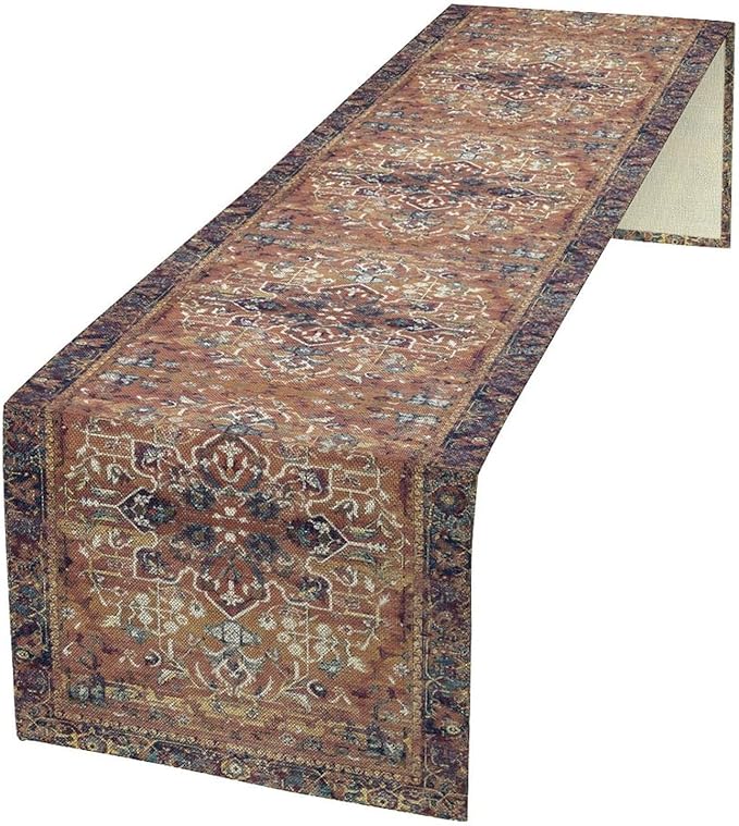 Boho Floral Vintage Table Runner, Purple Brown Retro Flower Rustic Country Farmhouse Abstract Pattern for Home Kitchen Table Decor Dining Coffee Room Party Decor 13x36in