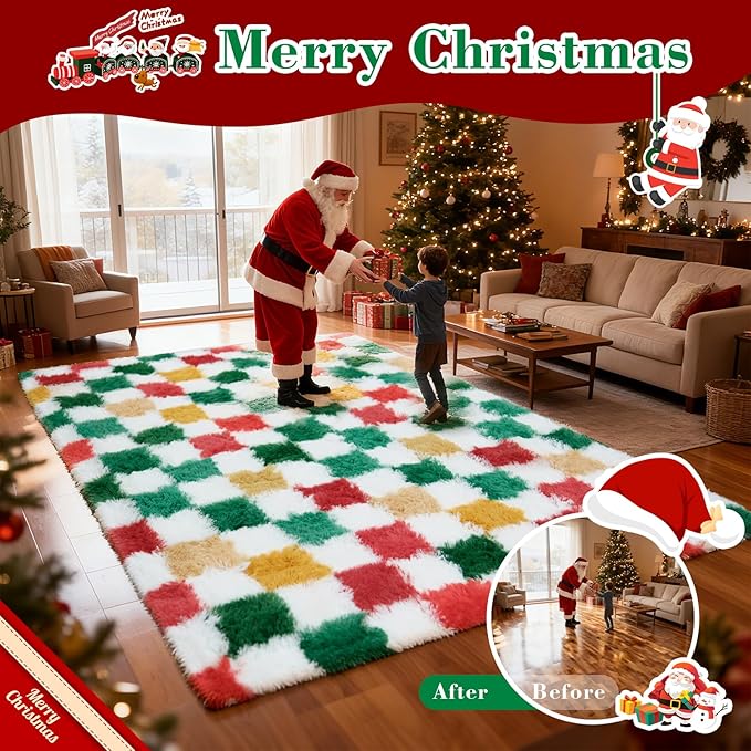 Area Rug 6x9 Plaid Holiday Rug in Red, Green, White and Gold