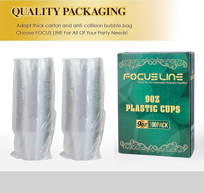 Cups, 9 oz Silver Glitter Hard Plastic Disposable, 100 Pack