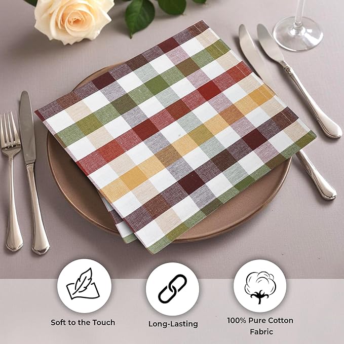 Harvest Check Cloth Napkins, 20x20 Square Cotton Dinner Napkins