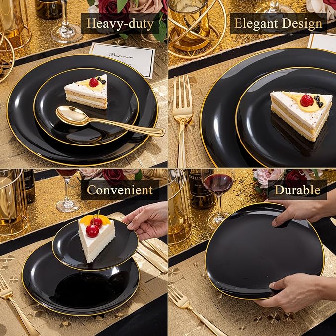 Plates in Black with Gold Trim, 200 Count Disposable Plastic Party Set