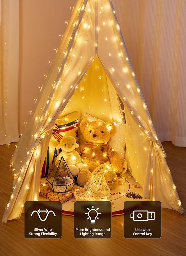 Brightown 2 Pack 300 LED Fairy Curtain Lights, 9.8ft x 9.8ft Warm White Curtain String Lights, USB Plug in 8 Lighting Modes LED Christmas String Hanging Lights with Remote for Bedroom Indoor Outdoor