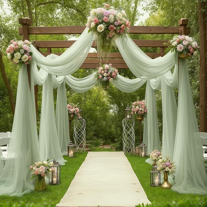 Sage Arch Drapes for Wedding Arch Draping Fabric Sheer Backdrop Curtain for Ceremony Bridal Party Decor 19Ft Length x 28" Width 6 Panels