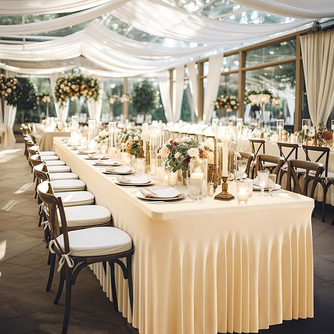 Wish Care 6 Pack Champagne Spandex Table Clothes for 6 Foot Rectangle Tables, 6FT Wrinkle Free Fitted Tablecloths Ruffles Design Table Cover for Party, Banquet, Wedding and Events