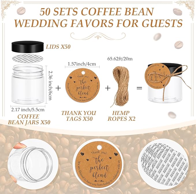 Coffee Bean Decorative Bottles, 50 Clear Plastic Jars with Lids and Cards