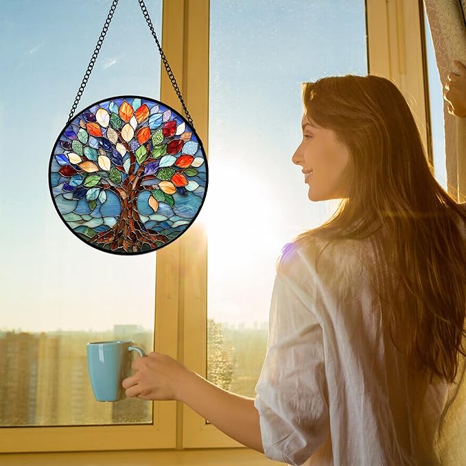Stained Glass Window Hanging, Colorful Tree of Life Sun Catchers Glass Panel Blue Suncatcher Decor for Birthday for Women, Men, Wife, Aunt, and Mom 9.8 in