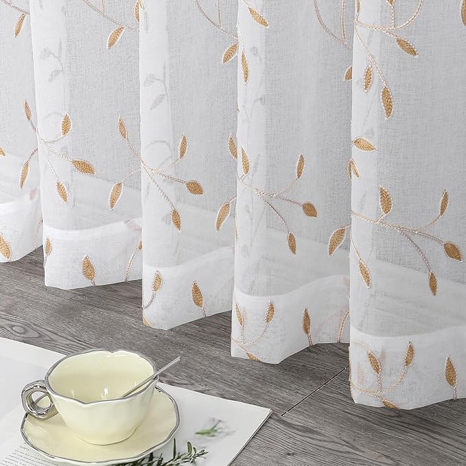 VISIONTEX White Sheer Voile Curtains, Decorative Orange Leaves Embroidery Faux Linen Rod Pocket Window Drapes for Home Kitchen, Living Room and Bedroom 54 x 63 Inch, Set of 2 Curtain Panels