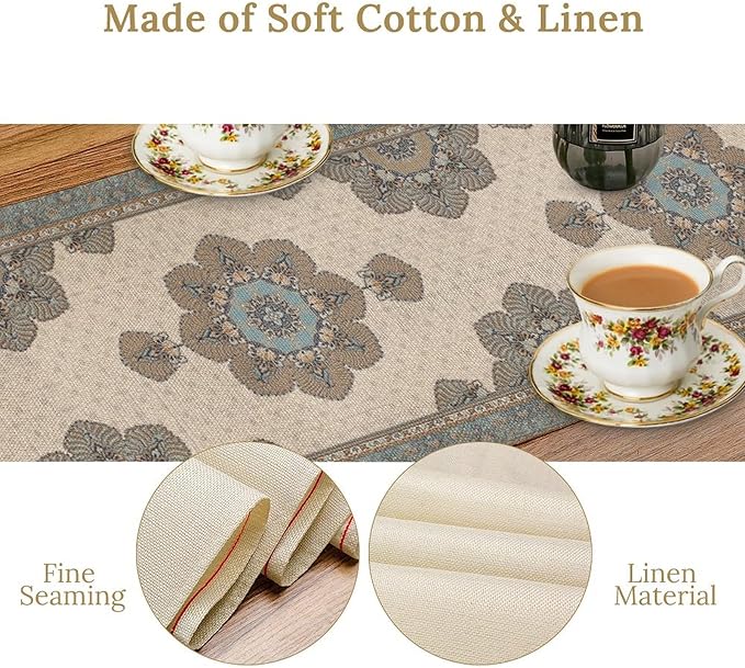 Boho Bohemia Style Table Runner, Vintage Teal Brown Retro Flower Rustic Country Style Floral Print Pattern for Home Kitchen Table Decor Dining Coffee Room Garden Party Decor 13x60in