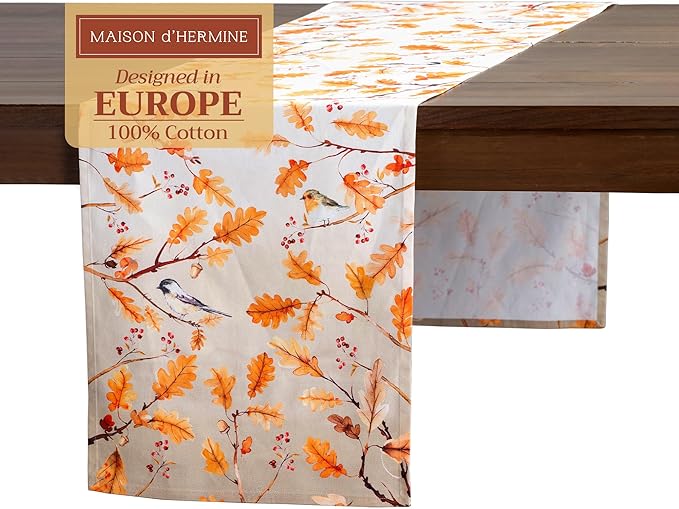 Maison d' Hermine Table Runner 100% Cotton Single Layer Table Runners 108 inches Long for Thanksgiving Christmas Decorations Home Kitchen Dining Party Wedding (Oak Leaves, 14.5" x 108")