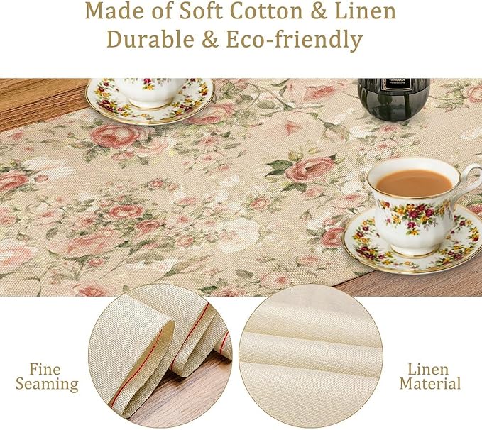 Lovely Rose Table Runner, Red and White Vintage Rose Delicate Floral Natural Pattern Long Table Restaurant Kitchen Holiday Party Decoration,13in（33cm） W * 120in（305cm） L