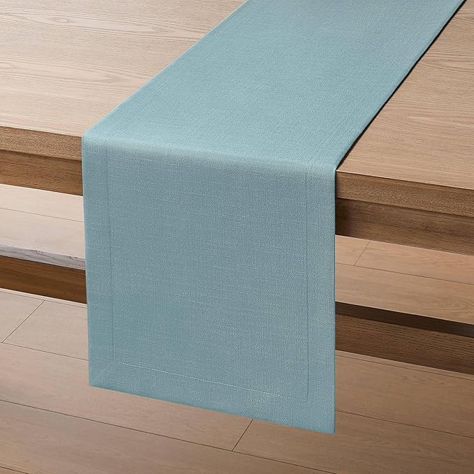 ZeeMart Linen Textured Border Table Runner, 14 x 108 Inch Blue, Farmhouse Style Dusty Blue Table Runners 108 Inches Long, Easy Care Everyday Polyester Table Runner