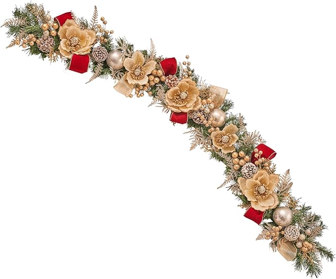 5ft Handcrafted Premium Christmas Garland Glittery Glam Magnolia - Unlit, Artificial for Stairs Railing, Banister, Staircase, Fireplace HOLIDAY TREE