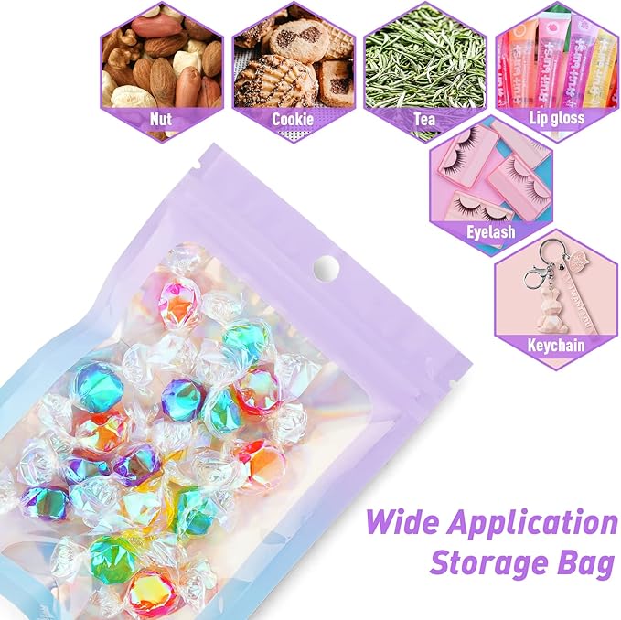Funfery 100 Pack Gradient Holographic Bags,2.7×3.9In Mylar Resealable Bags with Zipper,Clear Window Packaging Pouch,Smell Proof Foil Bag for Food Storage,Sample Jewelry Baggies(Purple Blue)