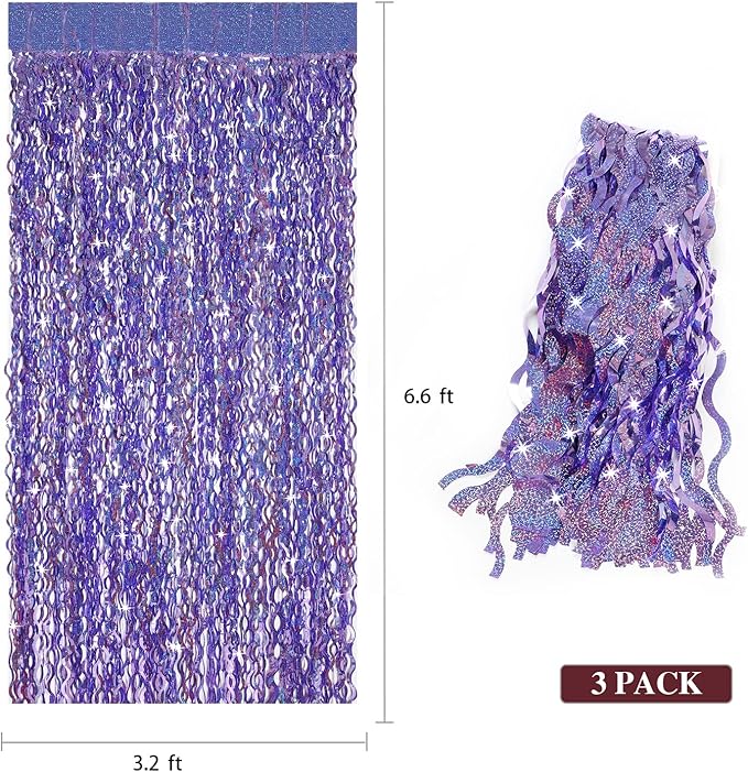 Purple Foil Fringe Curtains Party Decorations - CYLMFC 3 Pack 3.3 ft x 6.6 ft Foil Party Curtain for Hallowee Christmas Graduation Decor