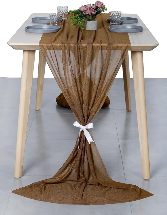 MDS 15 Pack 10ft Chiffon Table Runner 29 x 120 Inches Sheer Wedding Runner Romantic Rustic Table Runner for Wedding Decorations, Birthday Parties, Bridal Shower Party Arch Decor - Mocha