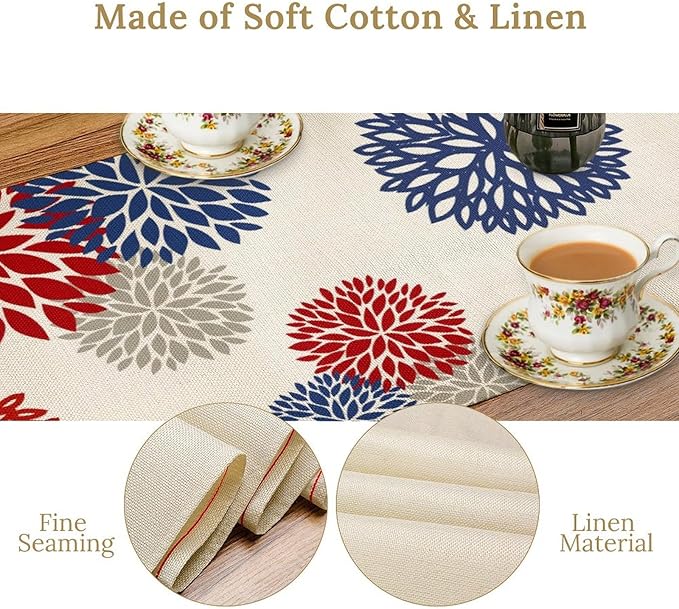 4th of July Table Runner, Blue Red Dahlia Flower American Patriotic Memorial Day Table Runner for Farmhouse Kitchen Dining Table Party Decor, 13x120inch