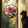 Stained Glass Window Hanging, Pink Rose Suncatcher for Door Garden