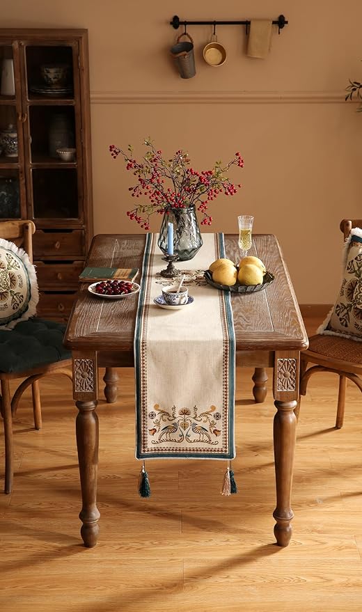 patdrea Designer Beige Farmhouse Geometric Patterned Extra Long,Wrinkle Resistant Linen Table Runner 118 Inch Long,Decoration for Kitchen Dining and Coffee Tables Banquet Christmas , 12"x118"