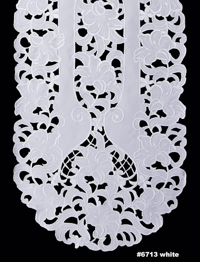 Creative Linens Embroidered Floral Table Runner 15x35 Oval Dresser Scarf White