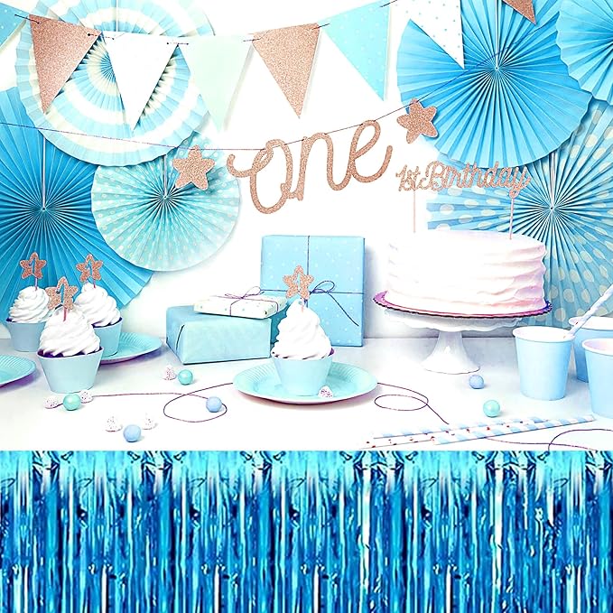3 Pack Lake Blue Foil Fringe Table Skirts Metallic Tinsel Streamers Garland Banner Backdrop for Table Decor, Parade Float, Birthday, Wedding, Halloween, Christmas Party Decorations(29x108 In)