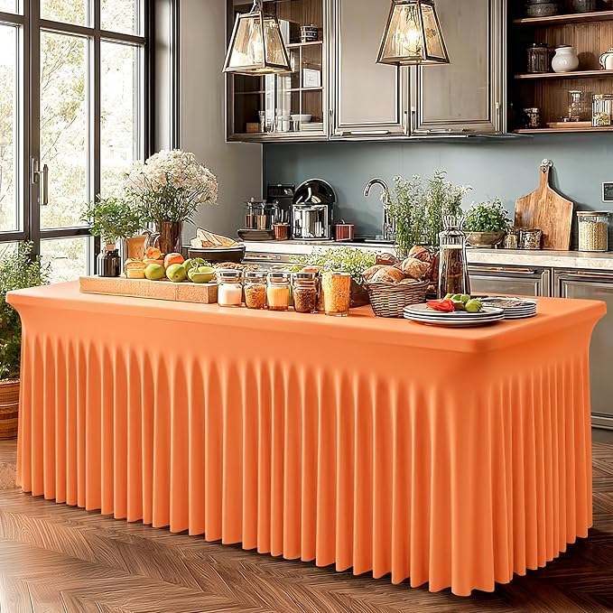 Wish Care 6 Pack Orange Spandex Table Clothes for 6 Foot Rectangle Tables, 6FT Wrinkle Free Fitted Tablecloths Ruffles Design Table Cover for Party, Banquet, Wedding and Events