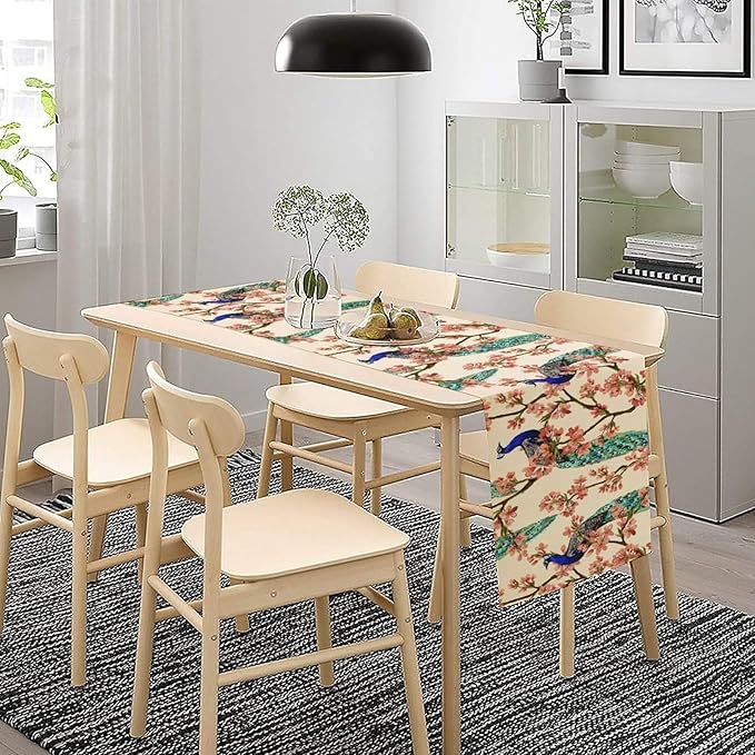 Peacock Table Runner,Spring Floral Peacock Birds Table Runner for Home Kitchen Dining Party Indoor Outdoor Decoration 13x90 Inch