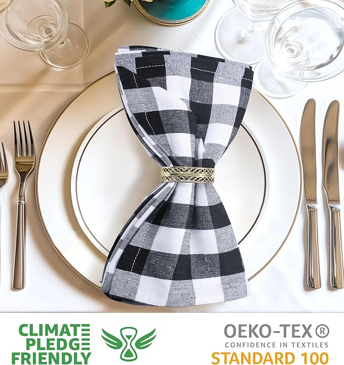 Cloth Napkins Set of 12, 20 x 20 Inch Black and White Checkered Cotton