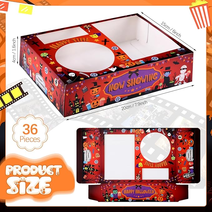 Faccito 36 Pcs Movie Night Snack Trays Movie Theater Snack Boxes Night Supply Disposable Paper Holder Tray for Popcorn Food Candy Drink Party 8 x 6 Inch (Red Black,Pumpkin Style)
