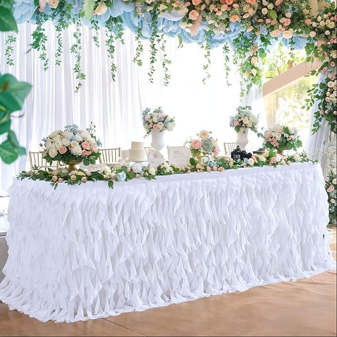 Partisky White Tulle Curly Willow Table Skirt for Rectangle Table 14ft, Ruffle Tutu Table Cloth for Wedding,Bridal Shower, Baby Shower,Birthday Party