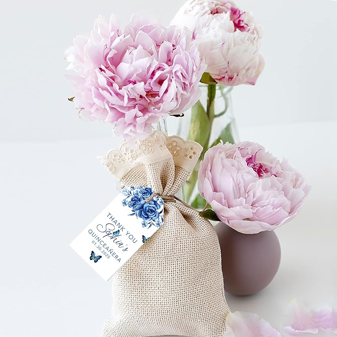 Andaz Press 40-Pack Personalized Quinceañera Favor Tags with String, Blue Butterflies Custom Classic Thank You Gift Tags for Quince Años XV 15th Birthday Favor Gifts, Quinceanera Decorations