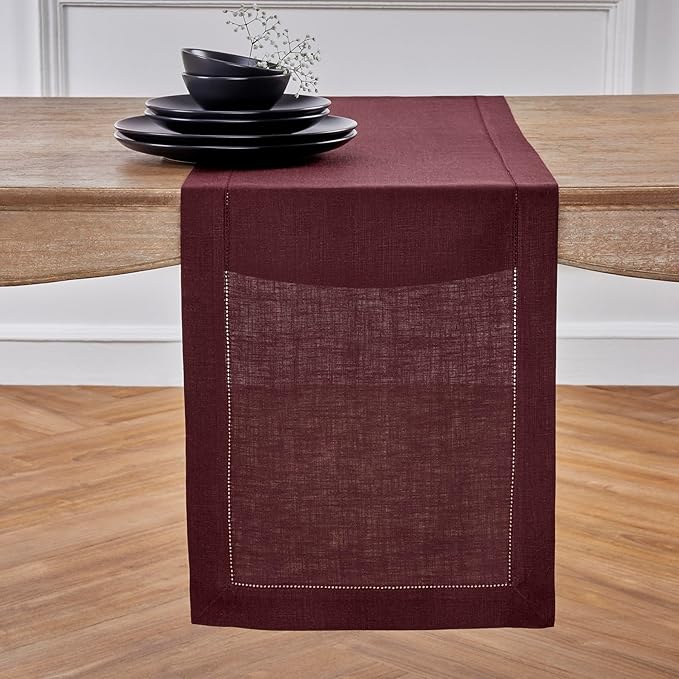 Solino Home Linen Burgundy Table Runner 90 Inches Long - 100% Pure Linen 14 x 90 Inch Table Runner for Fall, Autumn, Thanksgiving, Christmas - Classic Hemstitch