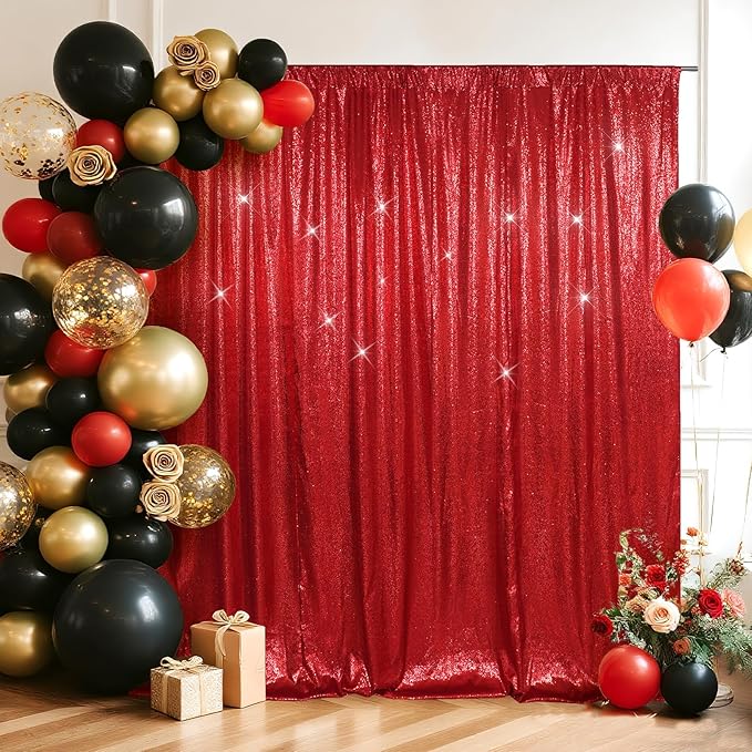 SquarePie Sequin Backdrop Less Transparent Background Sparkly Curtain for Wedding Party 4FT x 7FT Red
