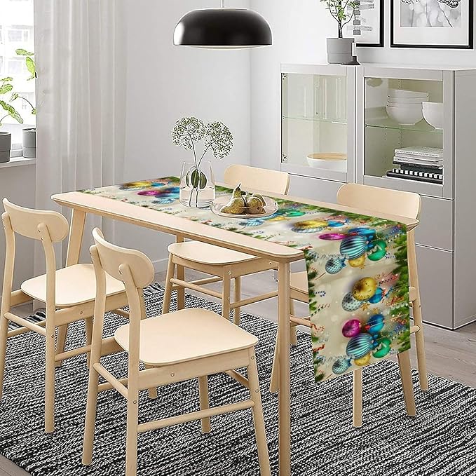 Christmas Table Runner,Colorful Balls Xmas Tree Snowflake Pattern Print Tablecloth Burlap for Hotel Indoors Outdoor Dining Room Kitchen Home Decor,W13X L90 in